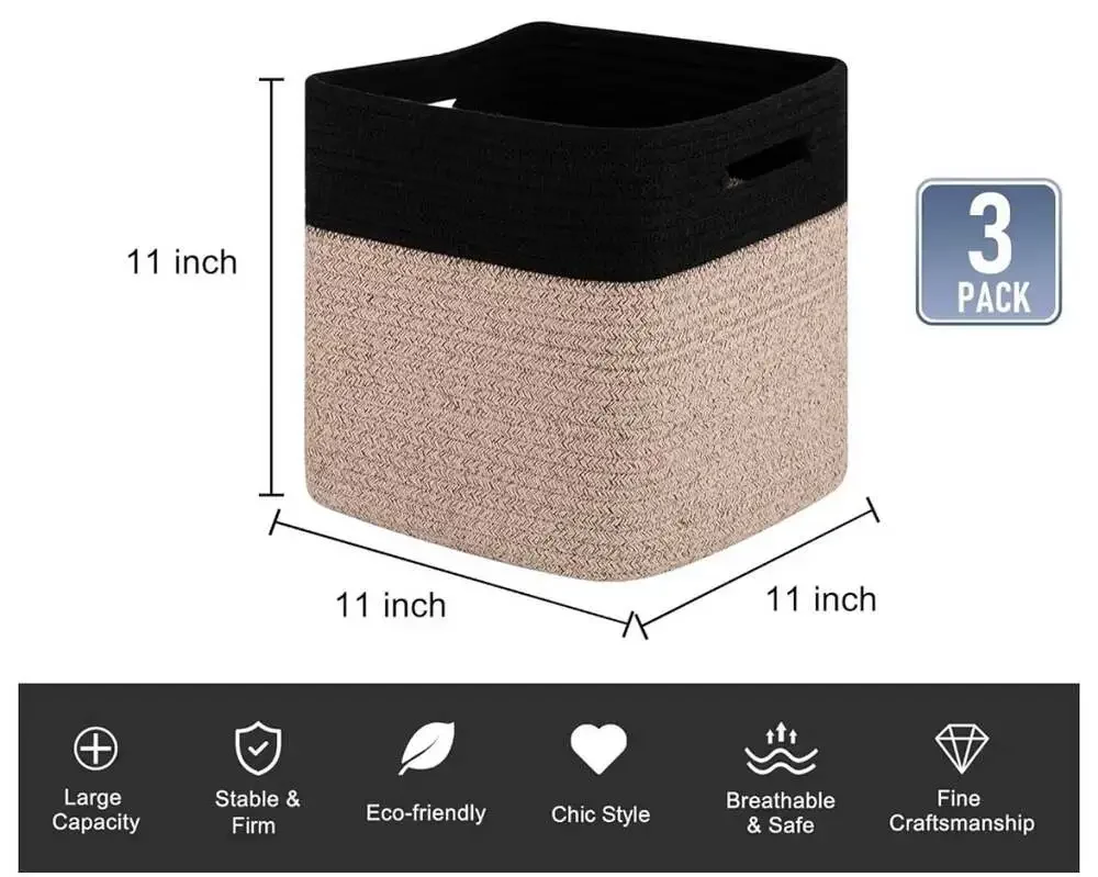 11-Inch Woven Cotton Rope Cube Storage Basket, 3-Pack, Black & Brown